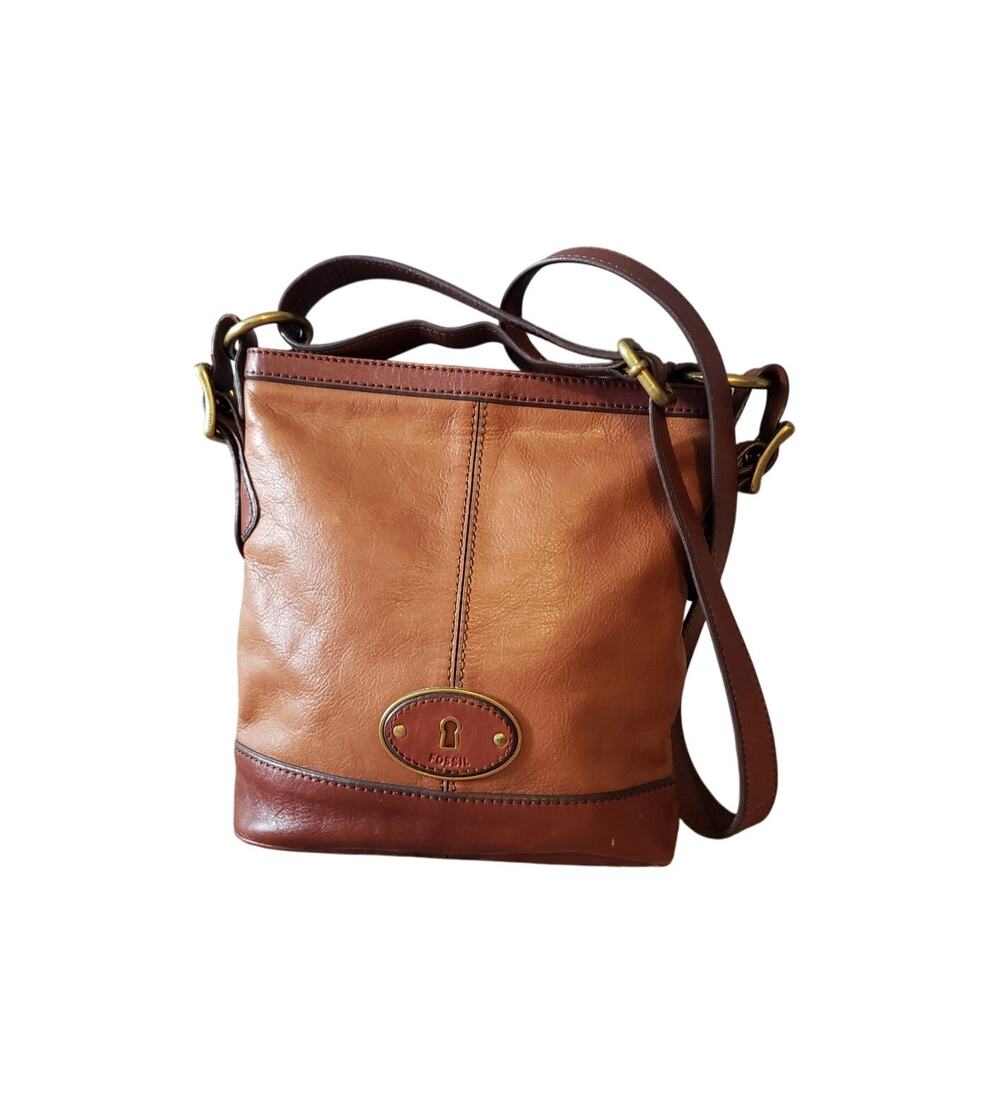 Fossil maddon two tone leather brown crossbody purse medium bag bronze accents